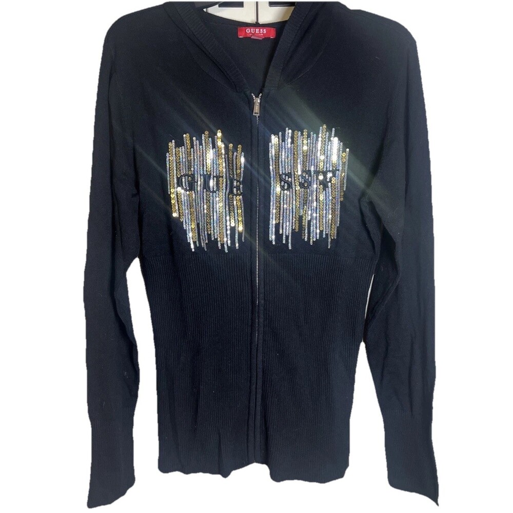 Guess Zip Up Black Sequin Sweater Women’s Size XL Fitted Y2K Cardigan Retro